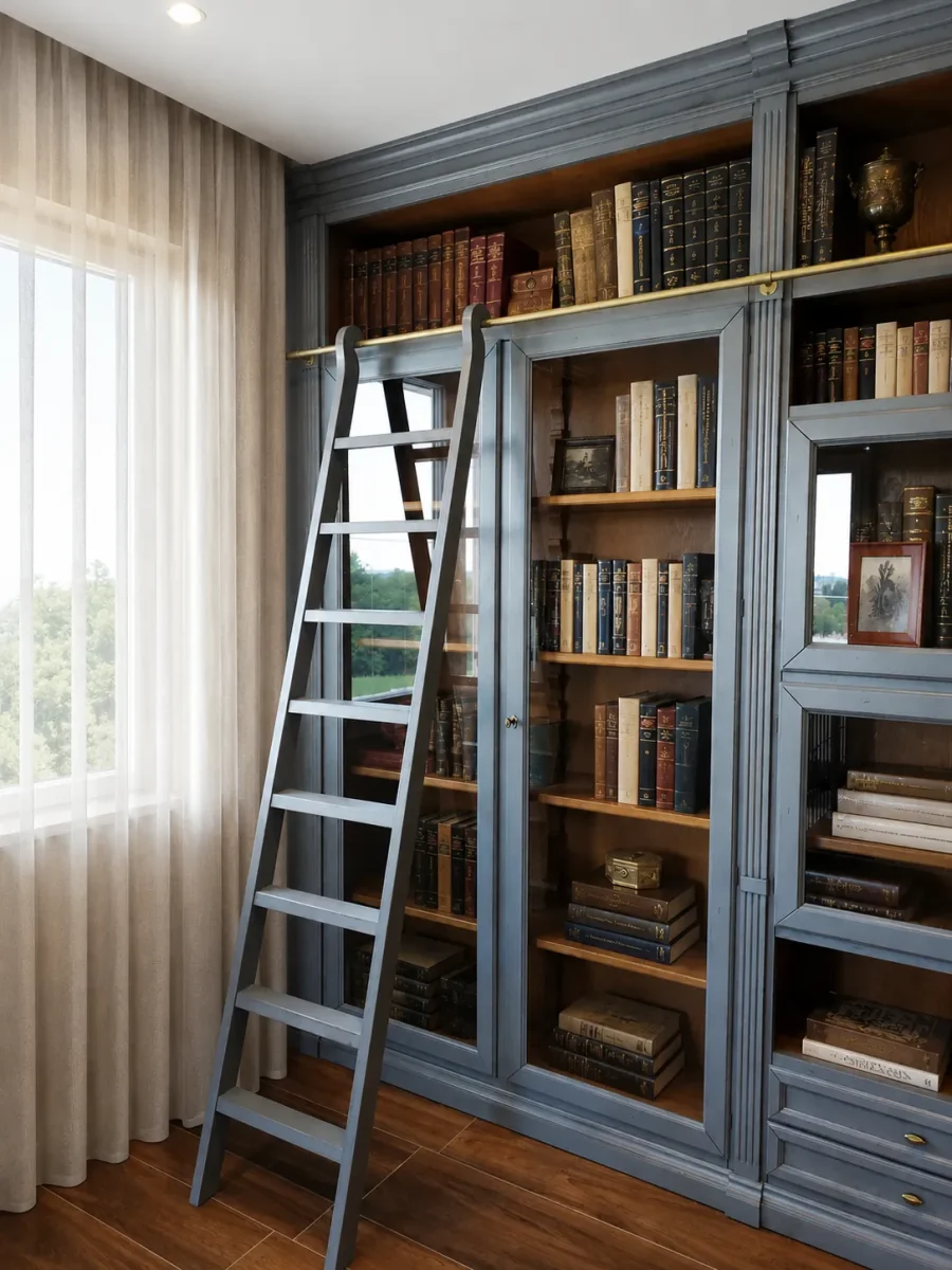 Ante a vetro con rilegature antiche e scala scorrevole accostata alla libreria accanto alla finestra