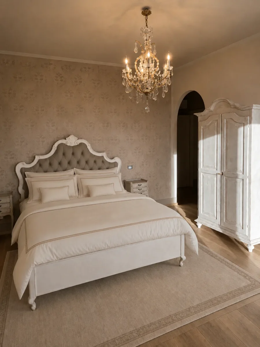 Veduta d'insieme della camera con letto, armadio anticato e lampadario di cristallo