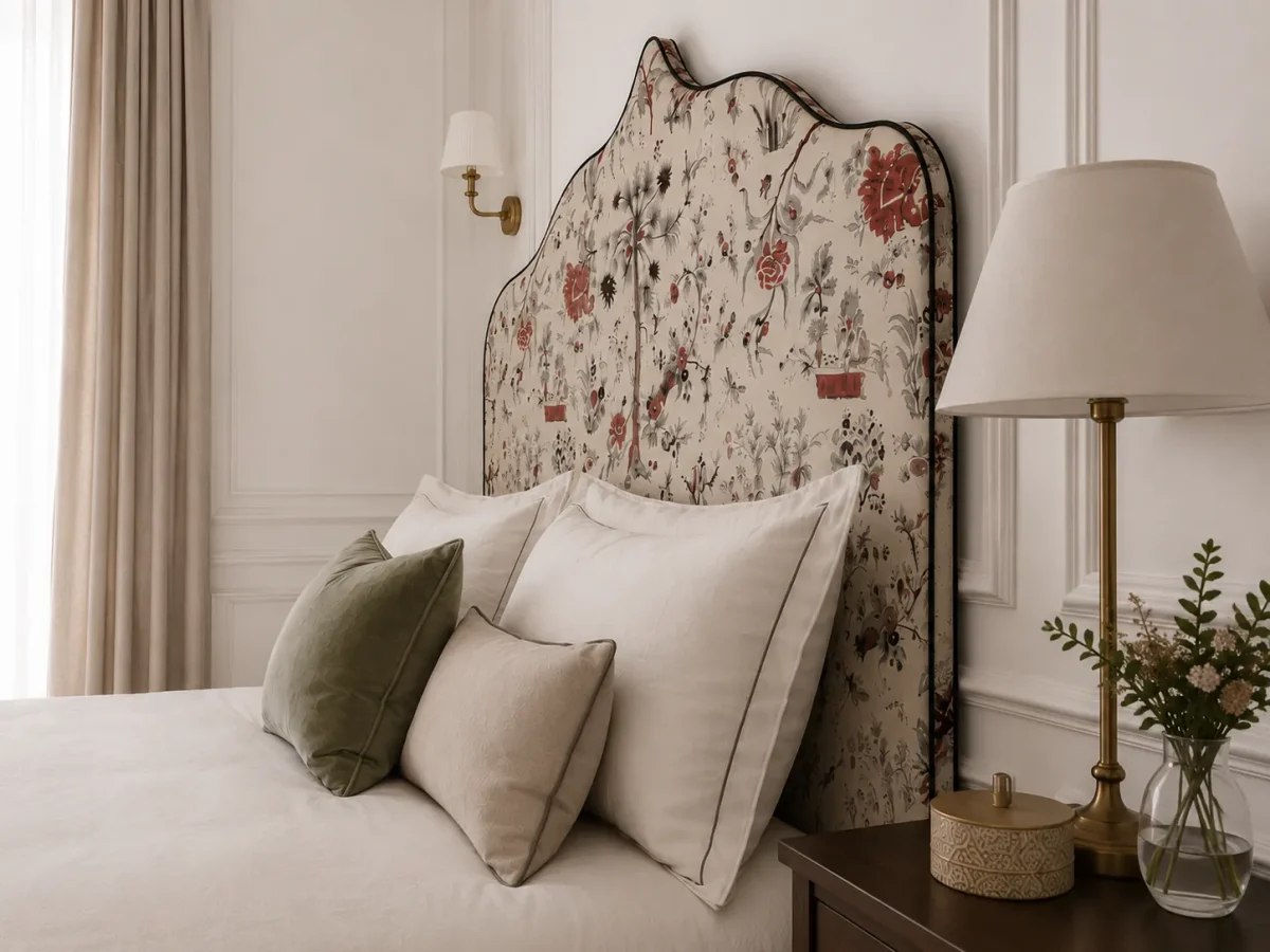 Scorcio di tre quarti della testiera con lampada da tavolo in ottone, applique e cuscini in velluto verde salvia e lino beige